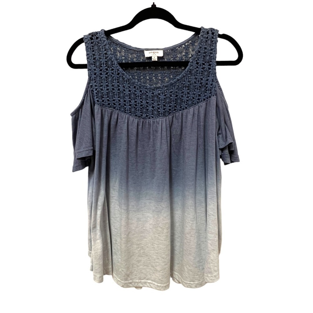 UMGEE Women’s Blue Ombré Cold Shoulder Crocheted Collar Top, Size Small - Picture 11 of 12